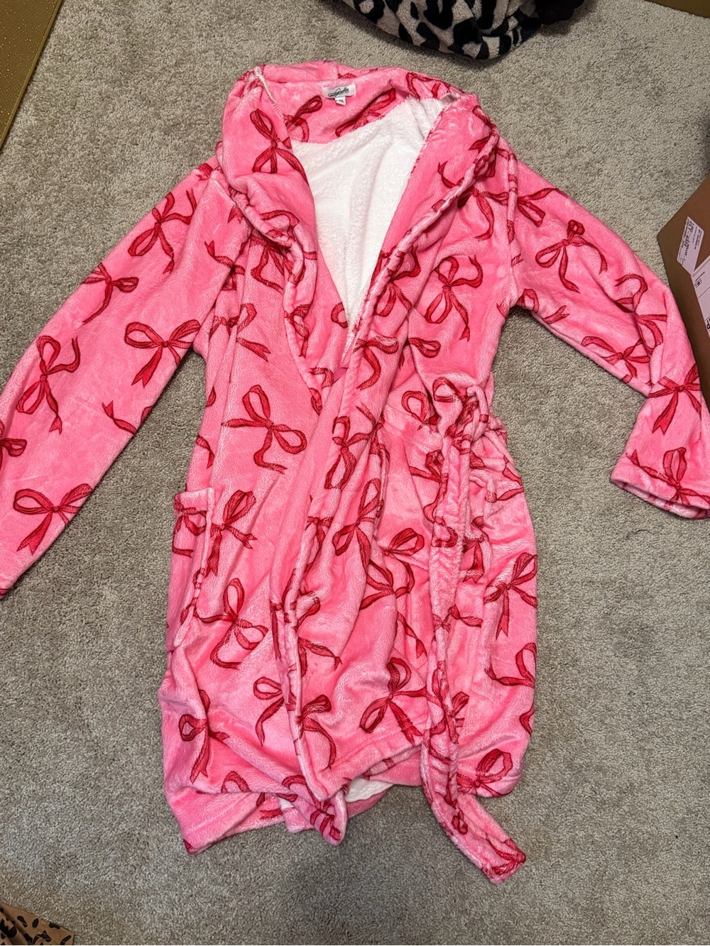 Plush Pink Hooded Robe with Red Bow Print